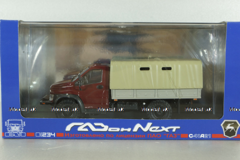 Газон NEXT C41A21 бортовой с тентом бордовый/бежевый, в боксе, Н234,  1:43