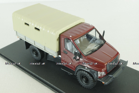 Газон NEXT C41A21 бортовой с тентом бордовый/бежевый, в боксе, Н234,  1:43