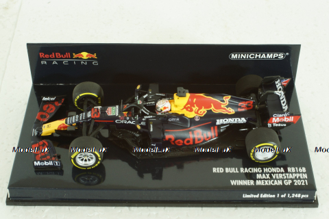 Red Bull Racing Honda RB16B, with pilot Max Verstappen, Winner Mexican GP 2021, 410211933, Minichamps 1:43