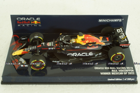 Oracle Red Bull Racing RB18, with pilot Max Verstappen, Winner Mexican GP 2022, 417222001, Minichamps 1:43