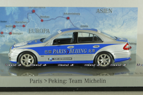 Mercedes E320 BlueTEC (W211) Rallye Paris-Peking "Team Michelin" Nr.19 2006, silver/blue, B66962269, Minichamps 1:43