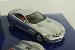 Mercedes 300 SLR Stromline (W196) 1954 silver and Mercedes SLR McLaren (C199) 2003 Silver, 50 years Mercedes Magazine, Set Minichamps 1:43