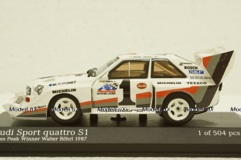 Audi Sport Quattro S1, Walter Rohrl, Winner Pikes Peak Hillclimb 1987, 410871201, Minichamps 1:43