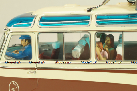 Setra S6 bus Marti 1955, with 4 figuren, brown/cream, 02824, Schuco 1:43