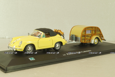 Porsche 356B Cabriolet with camping trailer and figuren, yellow, Cararama 1:43
