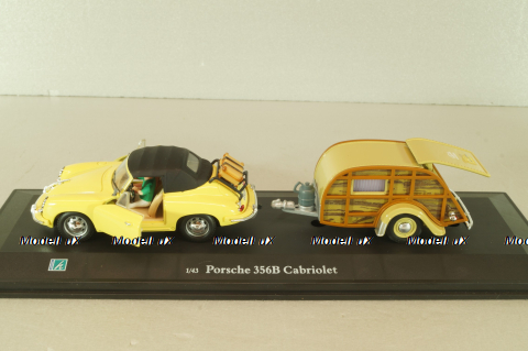 Porsche 356B Cabriolet with camping trailer and figuren, yellow, Cararama 1:43