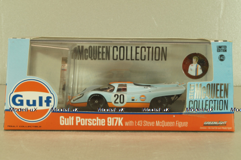 Porsche 917K Gulf #20 with figuren Steve McQueen, blue, McQueen Collection, 86435, Greenlight 1:43