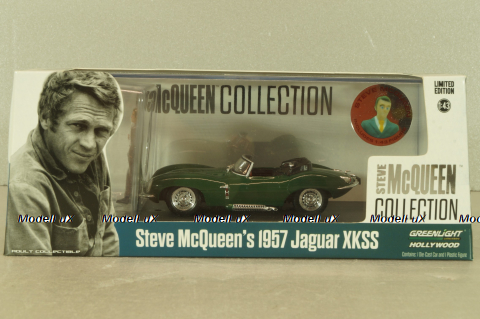 Jaguar XKSS 1957 with figuren Steve McQueen, green, McQueen Collection, 86434, Greenlight 1:43