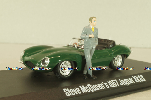 Jaguar XKSS 1957 with figuren Steve McQueen, green, McQueen Collection, 86434, Greenlight 1:43