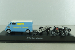 DKW Schnellaster Typ 30  with trailer and 2 motorrad 1955, blue, 450745600, Schuco 1:43