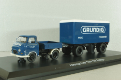Hanomag Kurier with trailer "Grundig" 1958, blue, 03252, Schuco 1:43