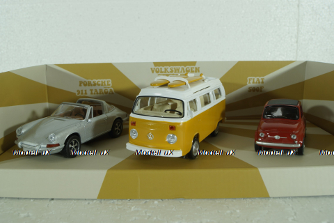 Set 3x Vintage Porsche 911 Targa Spider 1969/Fiat 500 1965/Volkswagen T2b Camper, 841104, Norev 1:43
