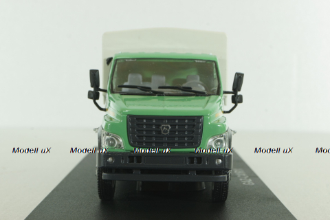 Газон NEXT C41R11 бортовой с тентом зеленый/серый, в боксе, Н232, Наш Автопром 1:43