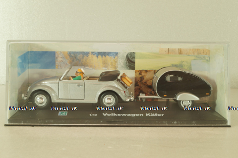 Volkswagen Beeatle with camping trailer and figuren, silver, Cararama 1:43 