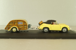 Porsche 356B Cabriolet with camping trailer and figuren, yellow, Cararama 1:43