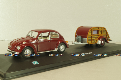 Volkswagen Beeatle with camping trailer, dark red, Cararama 1:43
