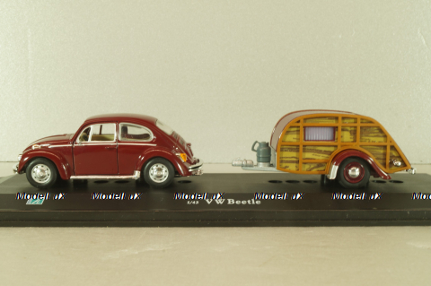 Volkswagen Beeatle with camping trailer, dark red, Cararama 1:43