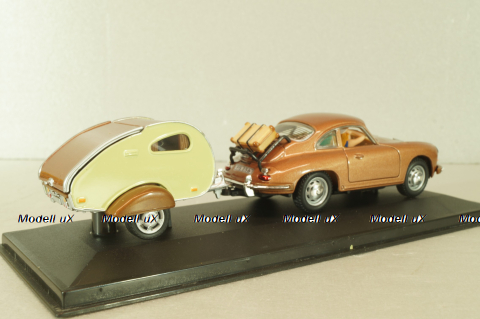Porsche 356B Coupe with camping trailer and figuren, brown, Cararama 1:43