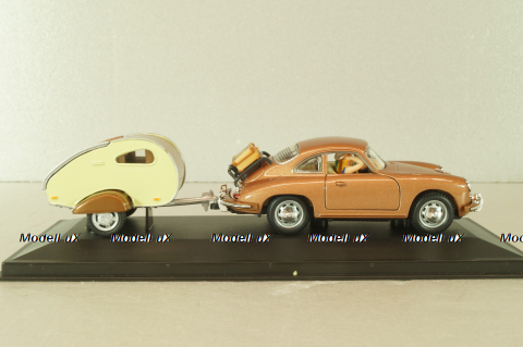 Porsche 356B Coupe with camping trailer and figuren, brown, Cararama 1:43