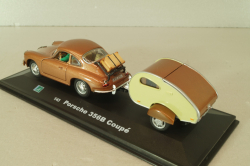 Porsche 356B Coupe with camping trailer and figuren, brown, Cararama 1:43