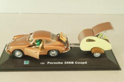 Porsche 356B Coupe with camping trailer and figuren, brown, Cararama 1:43