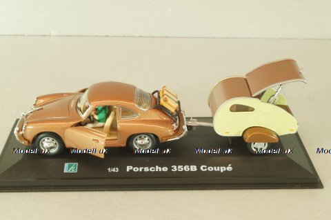 Porsche 356B Coupe with camping trailer and figuren, brown, Cararama 1:43