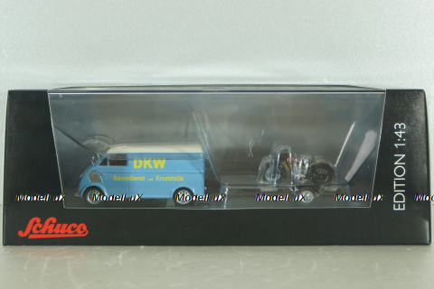 DKW Schnellaster Typ 30  with trailer and 2 motorrad 1955, blue, 450745600, Schuco 1:43