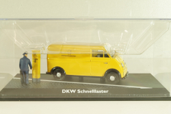 DKW Schnellaster Typ 30 pickup "Deutsche Bundespost" 1954, with post man and mail box, yellow, Schuco 1:4