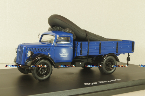 Opel Blitz S 3t THW, truck with boat, dark blue, 03053, Schuco 1:43