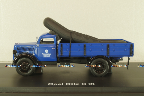 Opel Blitz S 3t THW, truck with boat, dark blue, 03053, Schuco 1:43