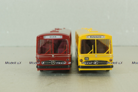 Mercedes O 317K bus, yellow"Jagermeister" + Mercedes O 317K bus, dark red, 006764, Brekina 1:87