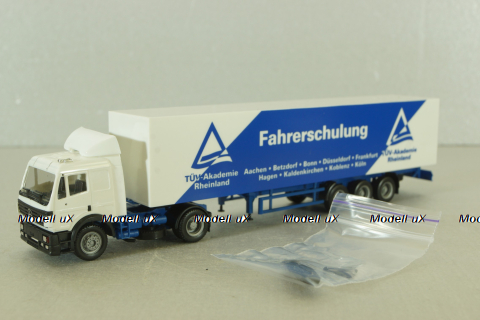 Mercedes SK 1850 LS tractor with semi-trailer "Fahrerschulung" 1994, blue/white, Herpa 1:87