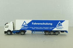 Mercedes SK 1850 LS tractor with semi-trailer "Fahrerschulung" 1994, blue/white, Herpa 1:87