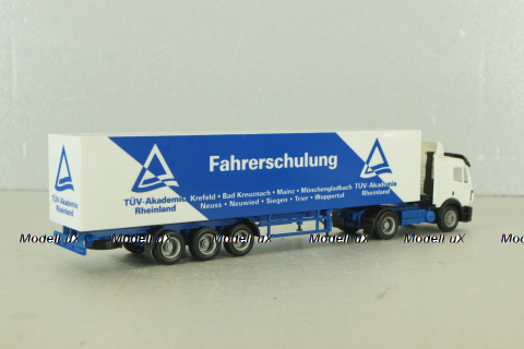 Mercedes SK 1850 LS tractor with semi-trailer "Fahrerschulung" 1994, blue/white, Herpa 1:87