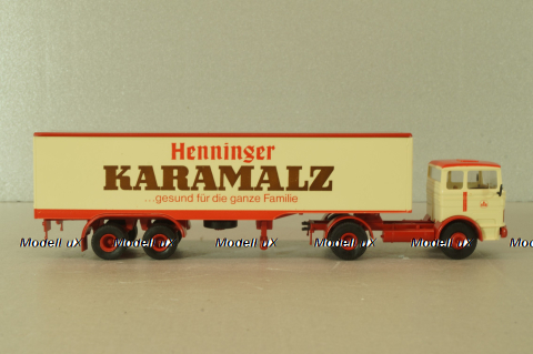 Mercedes LP 1632 with semi trailer Karamalz, yellow/red, 7832, Brekina 1:87