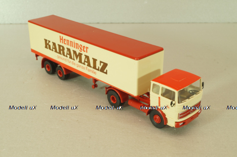 Mercedes LP 1632 with semi trailer Karamalz, yellow/red, 7832, Brekina 1:87