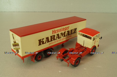Mercedes LP 1632 with semi trailer Karamalz, yellow/red, 7832, Brekina 1:87