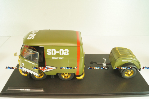 Volkswagen T1 Short, Kool Combi, Army Fighter wth trailer 2023, Green, S1810901, Solido 1:18