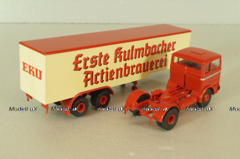 Mercedes LP 1632 with semi trailer Kulmbacher, red/beige, 7832, Brekina 1:87 Уценка!