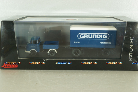 Hanomag Kurier with trailer "Grundig" 1958, blue, 03252, Schuco 1:43